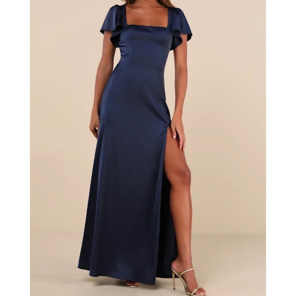 Lulus Ultimate Sweetness Navy Blue Satin Flutter Sleeve Maxi Dress Square Neck S